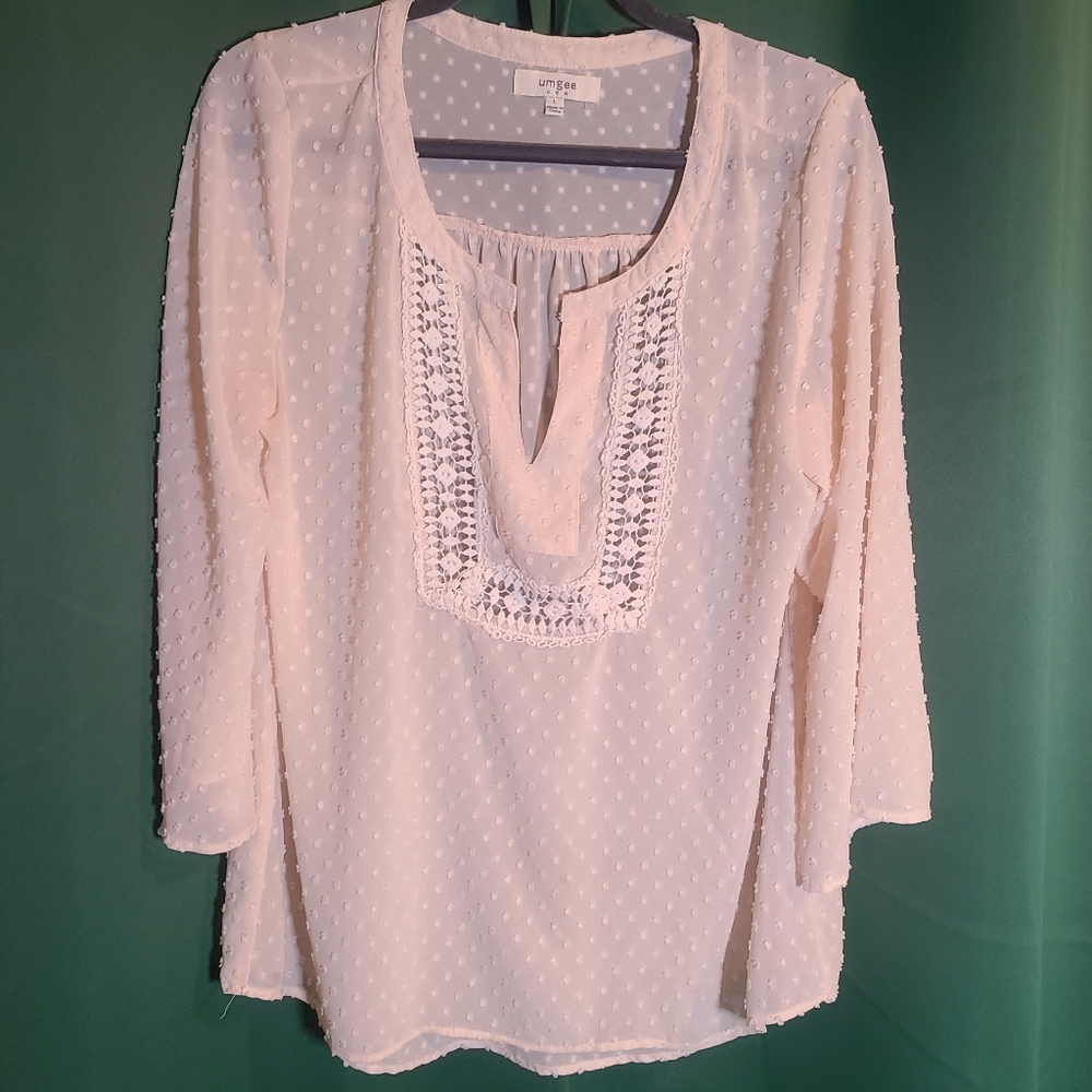 Sheer 3/4 sleeve blouse with french dots.